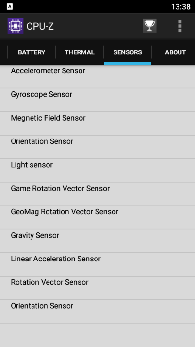 вкладка Sensors